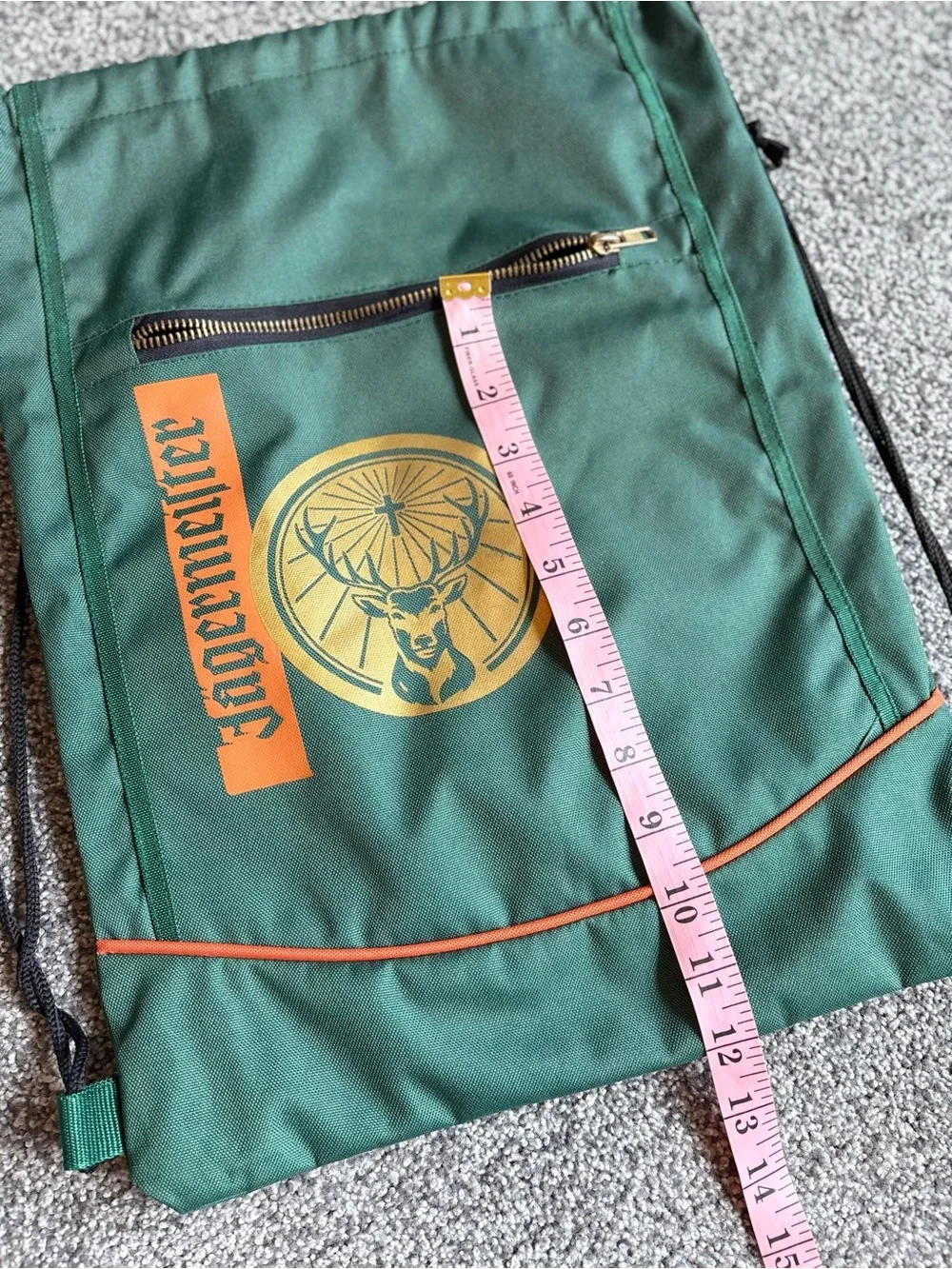 Yagermeister Drawstring Backpack Cinch Bag Green w Zipper Pocket in Front